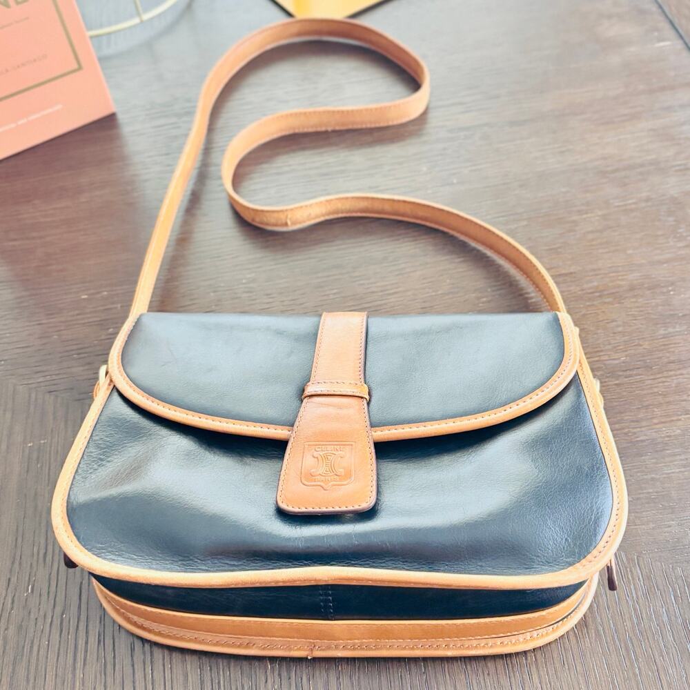 Vintage Celine Paris Blason Black Leather Shoulder Bag Tan Trim Made in Italy - Picture 13 of 16
